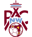 Pacific NW logo with red space needle and soccer ball with red stripes.