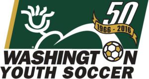 WYS logo, with white cartoon player kicking soccer ball through 50 year banner.